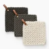 Leather Handled Crochet Pot Holder (Set of 3)|Creative Co-op Best