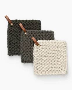Leather Handled Crochet Pot Holder (Set of 3)|Creative Co-op Best